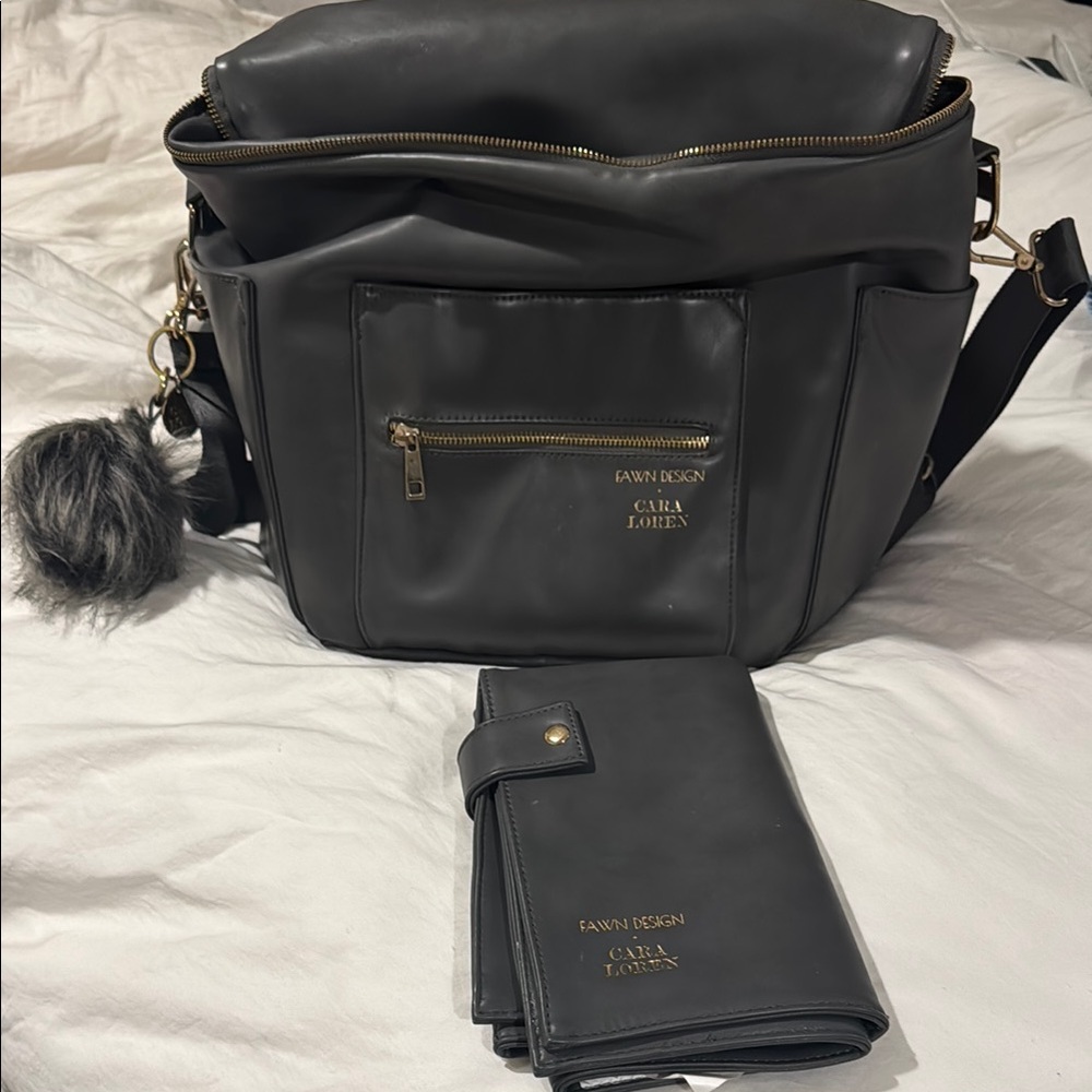 Fawn Design Gray Diaper Bag Set with Gold Accents